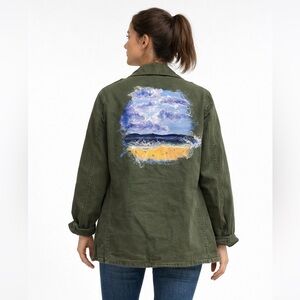 Free People Hand-Painted Beach Scene Army Jacket – Limited Edition, Size Small